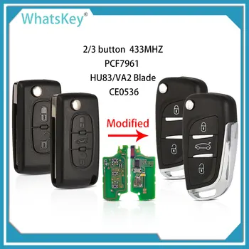 WhatsKey CE0536 2/3 Botão 433MHZ Modificado Filp Carro Remoto Tecla Para Peugeot 306 307 308 407 408 3008 PEÇA Chave de Controle HU83/VA2