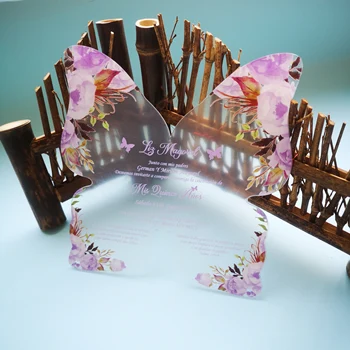 Criativo Convite de Casamento o Cartão 3d de Corte a Laser em Acrílico Convites Floral Desenho de Borboleta Lilás
