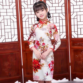 Floral Chinês Tradicional Estilo Meninas De Vestido Cheongsam Qipao Ano Novo Bebê Bonito A Festa Da Primavera, Festa De Vestidos De Manga Longa