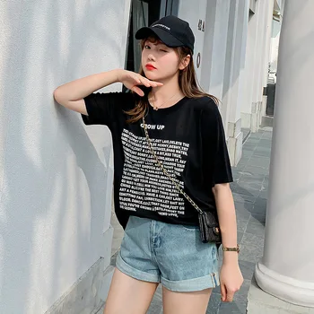 A9055 -Gordura mm2020 novo cavado solta carta impresso T-shirt de malha de manga curta feminina verão