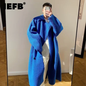 IEFB Inverno Azul Engrossado Falso Casaco de Pele Para Homens coreano Chic Sobre o Joelho do Falso Cordeiro de Peles com cinto Blusão Estilo de Longas Túnicas 9Y9973