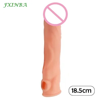 FXINBA 18,5 cm de Pênis Manga Extender Reutilizáveis retardar a Ejaculação Preservativo da Ampliação do Pénis Galo Anel de Brinquedos Sexuais Para os Homens, Casal