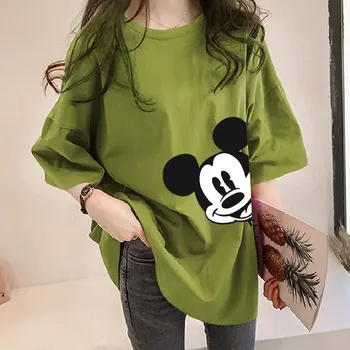 Mickey de Disney Impresso de Grande Tamanho de T-shirt Mulher Manga Curta Garota Verão Sólido Colorido Meados de-Comprimento Solto Rato Selvagem Topo