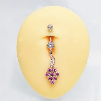 Prata 925 esterlina de Barriga Bar Umbigo Botão Anel Peahen Forma cor-de-Rosa zircônia Cúbica de Corpo Piercing