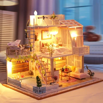 Casa De Bonecas De Madeira Diy Em Miniatura Construção De Kits De Pequenas Casas Roombox Grande Casa De Boneca Com Móveis, Montagem De Modelo De Presentes Brinquedos De Casa