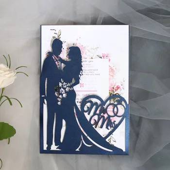 (50 peças/lote) de Corte a Laser da Marinha Noivo Noiva Convite de Casamento o Cartão de Amor do Coração de Impressão Personalizadas Saudação Engajamento Cartão de IC155