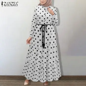 Muçulmano de Bolinhas Maxi Vestido das Mulheres 2022 Primavera, Outono ZANZEA Elegante Waiist Correia Plissado Dubai Abaya Turquia Hijab Kaftan Vestidos