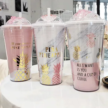 Novo 420ml de parede Dupla gelada Bebida de Café de Suco de Xícara de Chá de Plástico Reutilizável Gelado Copo Caneca de Viagem Com Palha