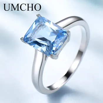 UMCHO de Luxo Criado Aquamarine pedra preciosa de Anéis para as Mulheres Sólida Prata 925 Sterling Prata Casamento Noivado de Finas Jóias Parte Presente de Novo