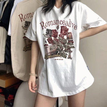 O verão das Mulheres T-shirt Alfabeto Impressão de Manga Curta T-Shirt das Mulheres Harajuku Vintage Streetwear Solta Y2k Tops Estética Tees Tops