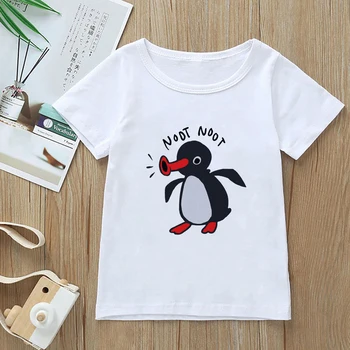 Bonito Roupas de Meninas Europa Pop Cartoon Pingu Pinguim T-shirt de Impressão de grandes dimensões Verão Casual de Moda, Roupas para Crianças Crianças NOOT