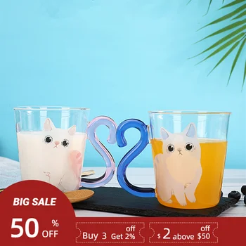 350ML de Gato Bonito de Vidro Xícara de Café de Suco de Chá de Leite em Caneca Rosa Azul Cauda de Gato Lidar com o Cartoon do Dia dos Namorados Amante Presentes Para Casais