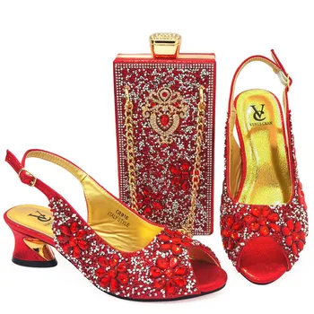 Mais recente Cor Vermelha italiana de Sapatos de Senhoras e Saco de Conjuntos Decorados com Strass Africana Correspondência de Sapatos e Bolsas italiano Em Mulheres