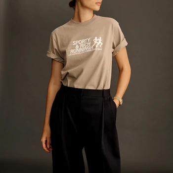 2022 Verão Mulher Camiseta Cáqui American Vintage 240g de Algodão de Mangas Curtas T-shirts