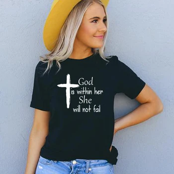 Deus Está Dentro Dela, Ela Não deixará de Jesus, Cruz das Mulheres T-Shirt Cristã Roupas Versículo da Bíblia Roupas para mulheres Tops Dropshipping