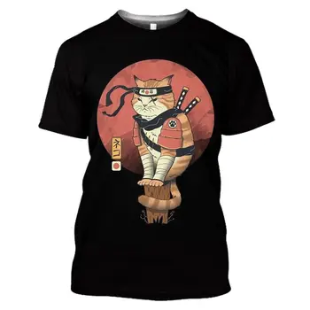 2022 Nova T-shirt masculina Casual Manga Curta Esportes Fitness Topo Retro T-Shirt Para Homens Samurai Japonês Cat T-shirt de Verão Tshirts