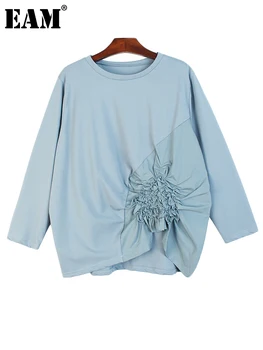 [EAM] Mulheres Emendados Plissado Loose Fit T-shirt Nova Rodada de Pescoço Longo da Luva de Moda da Maré Todos-correspondência Primavera, Outono 2023 1B351