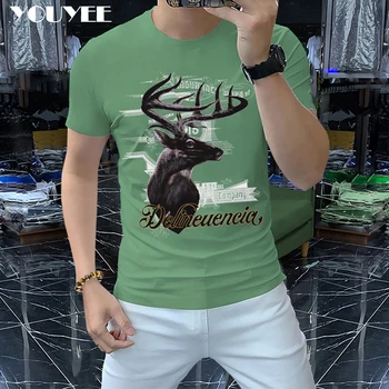 O verão dos Homens Novos do Projeto T-shirt Veado Impresso de Moda Masculina de Algodão Mercerizado Tees Confortável, Alta qualidade de Homem Superior Roupas Verdes