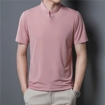 2022 Homens de Gelo Seda T-Shirt de Cor Sólida de Manga Curta com Decote em V Estilo coreano Respirável Camisa Polo masculina em Poliéster