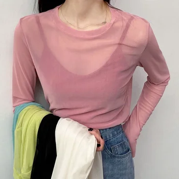Ruoru Sexy Mulheres T-Shirt Ver Através do Transparente de Malha, Tops de Manga Longa de Senhoras T-Shirt cor-de-Rosa Verde Topo Básica Tops para as Mulheres