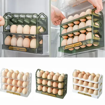 Geladeira Side Porta Ovos Bandeja 3 Camadas De 30 Grades Compartimento Para Ovos Frescos Cremalheira Do Armazenamento De Grau Alimentar Flip-Caixa Tipo De Cozinha Organizador De