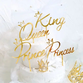 Acrílico Príncipe, a Princesa Feliz Aniversário Bolo Topper Espelho de Ouro, Rei Rainha Cupcake Topper para a Festa de Aniversário Bolo Decorações