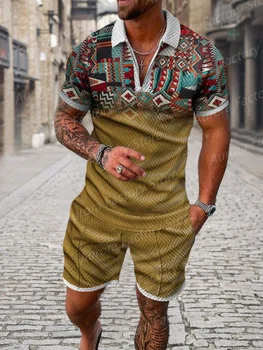 Os homens Verão de Treino de 2 Peças de Estilo Étnico Camisa Polo Conjunto de Shorts Ocasionais do Vestuário de Moda Roupas Retro Terno Masculino Streetwear