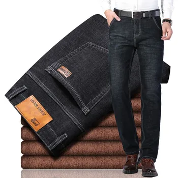 2021 Inverno masculino Lã Quente Jeans Stretch Casual Reto Grosso de Jeans Preto Macio de Cuecas, Calças Plus Size 28 a 40