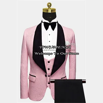 Ternos Homens Para Casamento-De-Rosa Quente Jacquard Blazer Formal Noivos Ternos Slim Fit Fumar Jaqueta De Negócios+Colete+Calça Preta 3 Peças