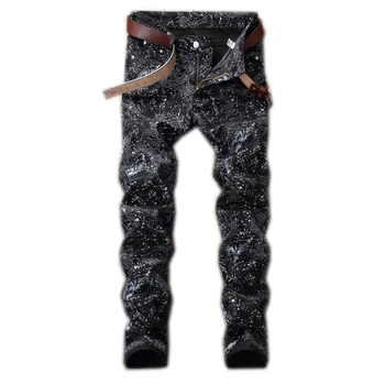 Nova Moda Primavera Outono Homens Impressos em 3D Jeans Pantalon Hombre Preto Branco Discotecas 2021 Jovem Magro Motociclista Calça de algodão