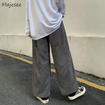 Calças de Homens Largas de Cor Pura Lazer na Moda Todos-jogo de Streetwear Grandes Bolsos Elegante, Bonito Ulzzang Alunos Retro Japonês Ins