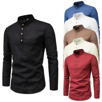 primavera, outono camisa de polo de moda masculina slim sólido de cor de mangas compridas de negócios stand colar algodão mistura semi-aberto homens de camisa