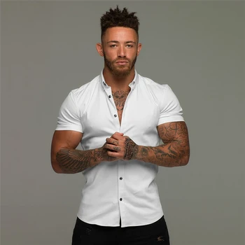 Moda masculina Camisa de Vestido de Verão Classic Slim Fit Botão de Manga Curta, Camisas Para Homens de Negócios informais do sexo Masculino Hipster Camisa Social