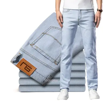 2023 Luz Azul Jeans Vitalidade da Juventude Pano de Algodão Stretch Homens Regular fit Straight Calças de Malha Casual Calças