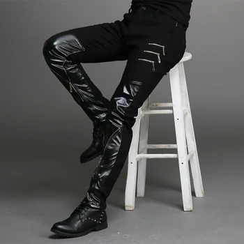 2015 nova moda apertadas fino de couro preto, os homens de calça preta com zíper hip-hop macho magro calças boate barra de fantasias