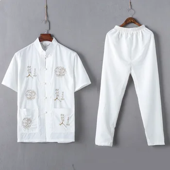 Casual Colarinho De Mandarim Camisa De Manga Curta&Calças Para Homens Oriental Masculina Dragão Tang Terno Chinês Tradicional Kung Fu Roupas