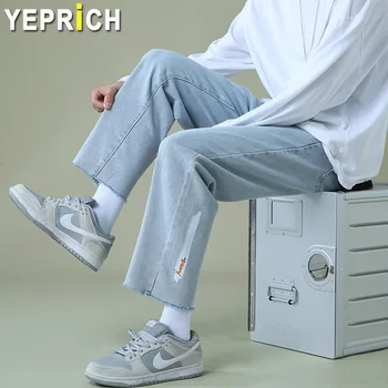 Homens de calças Jeans Casual Nove pontos de Calças de Algodão Macio, Solto Reta coreano de Design de Moda Primavera Verão Outono Masculino Calças