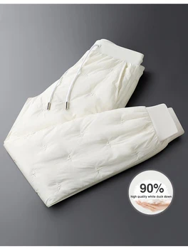 Novo de alta qualidade branco leitoso moda zíper de lã quente para baixo de calças de homens de inverno espessamento de esportes ao ar livre impermeável calças dos homens