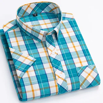 100% Algodão Homem' Camisa de Manga Curta Xadrez para o Verão Fresco Xadrez Camisas para Homens de Negócios Casual com Bolso de Lazer Plus Size Novo