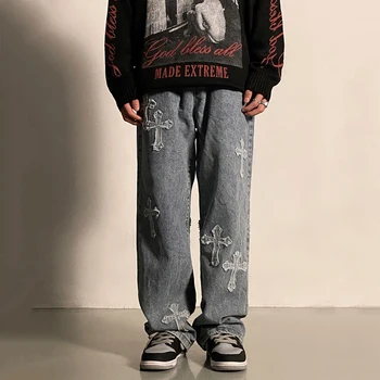 Retro Y2K bordado calças de brim dos homens Europeus e Americanos de alta rua cruz de hip hop da maré marca reta calças soltas ins venda quente