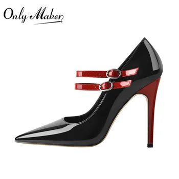Onlymaker Mulheres Sapatos de bico Preto e Vermelho Mary Jane Finos Saltos Bombas de Couro de Patente Tamanho Grande Clássico da Moda Bombas