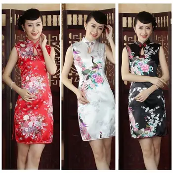 2021Women Chinês Tradicional Vestido sem Mangas até o Pavão de Impressão do Lado do Corte da Bainha Cheongsam Mini Vestido de Roupa de Mulher Femme Qipao