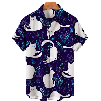 Novo Gato Bonito Camisa de Impressão Homens de Camisa Havaiana Verão Top Casual Tamanho Grande Soltas Simples Camisa de Mulheres Single Breasted Botão Superior 5xl