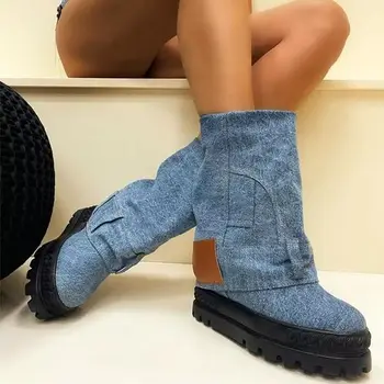 Senhora Retro Jeans Plaform Meados de bezerro Botas para Mulheres Dedo do pé Redondo Botas de Moda Vintage Jean Design de Sapatos 2022 zapatillas mujer