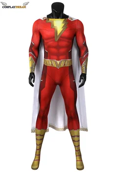 Billy Batson Terno de Batalha de super-Herói Billy Batson Bodysuit com cabo de Cosplay Fantasia para Adultos Halloween Fantasias de Carnaval