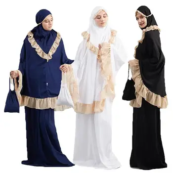 Novas Mulheres 2pcs Muçulmano de Oração Khimar Abaya Plissado Sobrecarga Hijab+Saia de Cobertura Total Islã Roupas Oriente Médio, no Serviço de Adoração