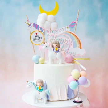 Unicórnio Da Menina A Decoração Do Bolo Arco-Íris Feliz Aniversário Bolo Topper Do Chuveiro De Bebê Lua Nuvens De Casamento Assar Cupcake Favores Do Partido