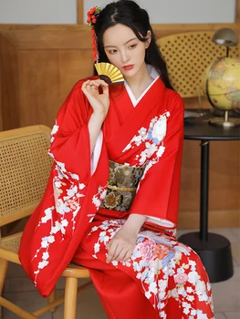 Mulheres Tradicional Japonesa de Quimono Vermelho Cor, Estampas Florais de Manga Longa Formal Yukata Fotografia Vestido de Cosplay Fantasia