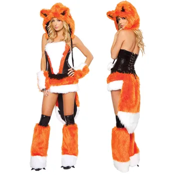 5Pcs/Set Deluxe Mulheres Adultas Menina Animal Fox Peludos Traje de Halloween, Festa Cosplay Fox Vestido de Fantasia