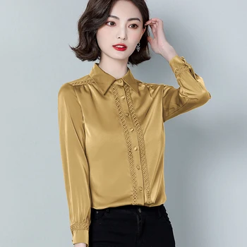 Mulheres Blusas de Cetim Lapela de Manga Longa, Sólida Office OL Camisas de Mulheres coreano Moda Vintage Elegante blusas mujer de moda 2022